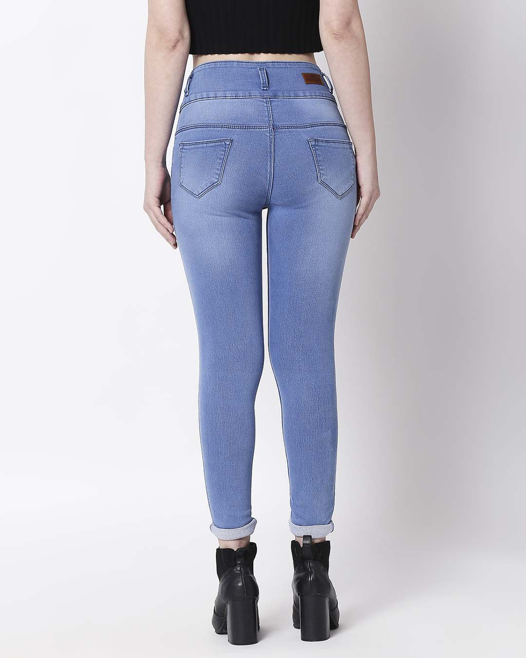 Blue Washed Slim Fit High Waist Jeans 