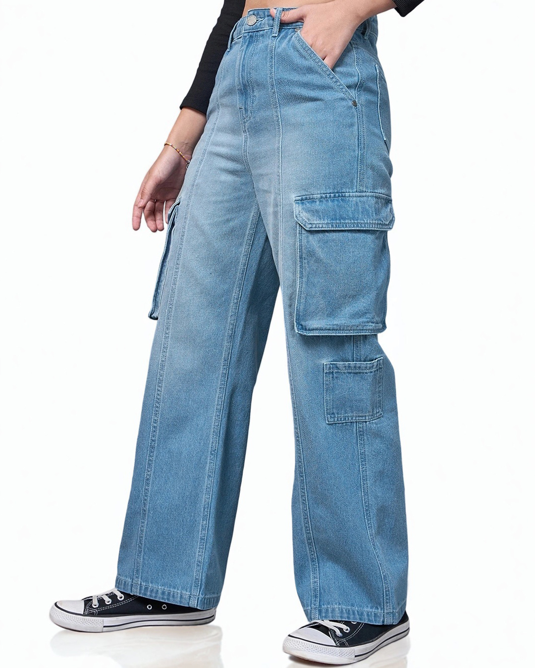 Shop Women's Blue Washed Straight Fit Cargo Jeans-Back