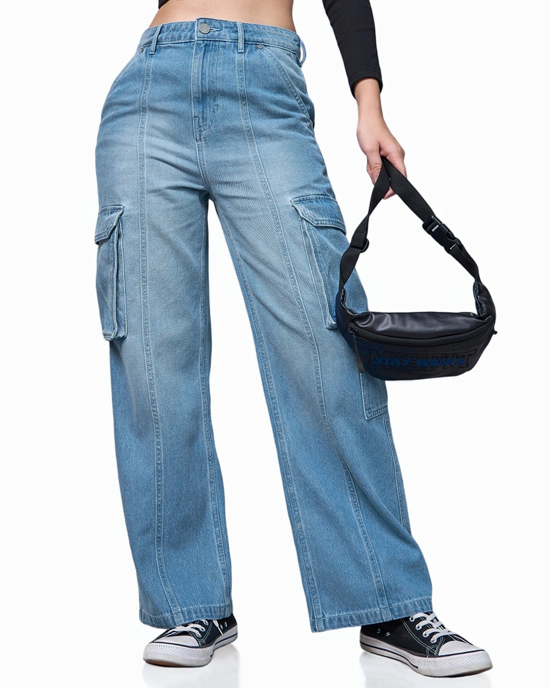 Shop Women's Blue Washed Straight Fit Cargo Jeans-Back