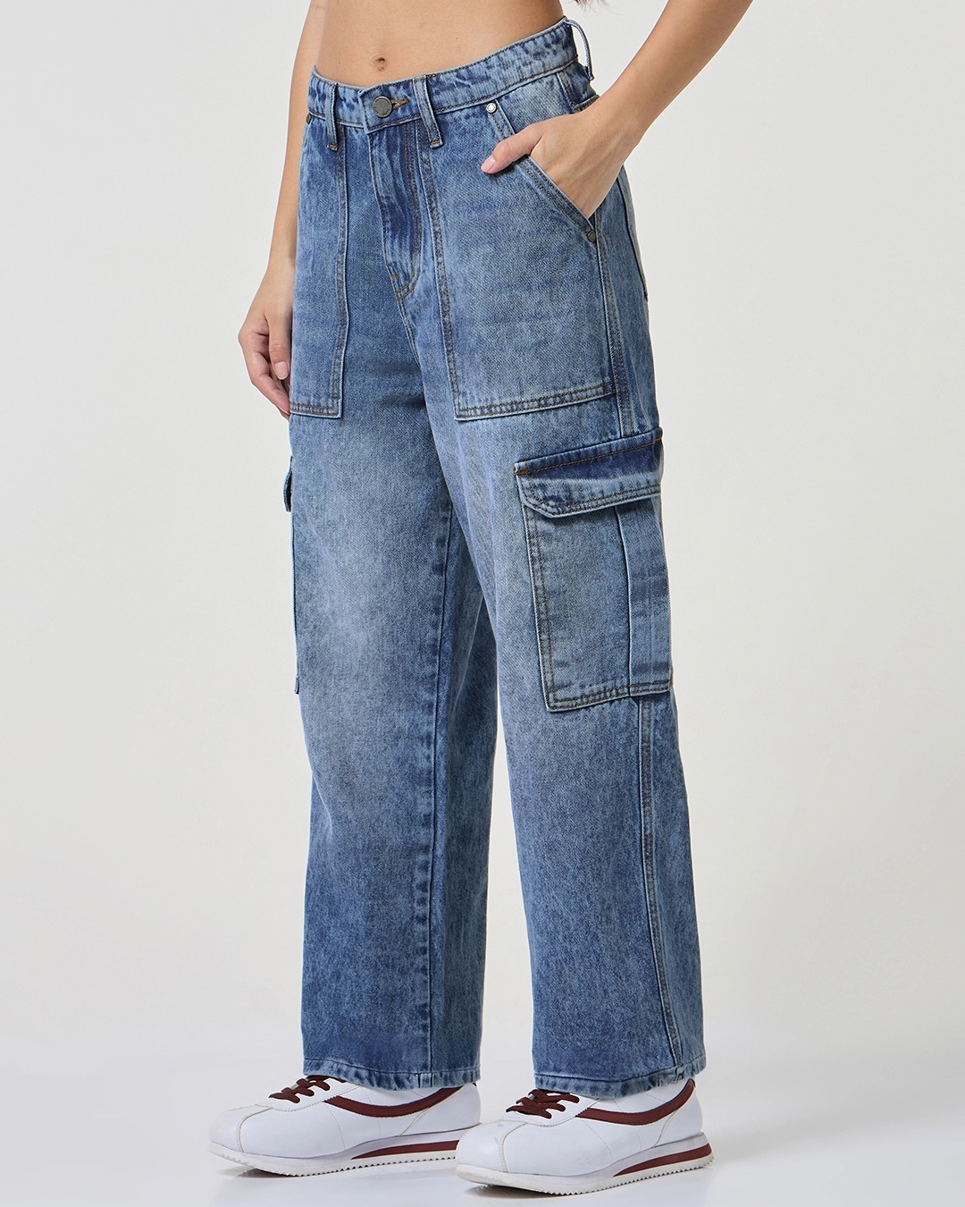 Shop Women's Blue Washed Straight Fit Cargo Jeans-Back