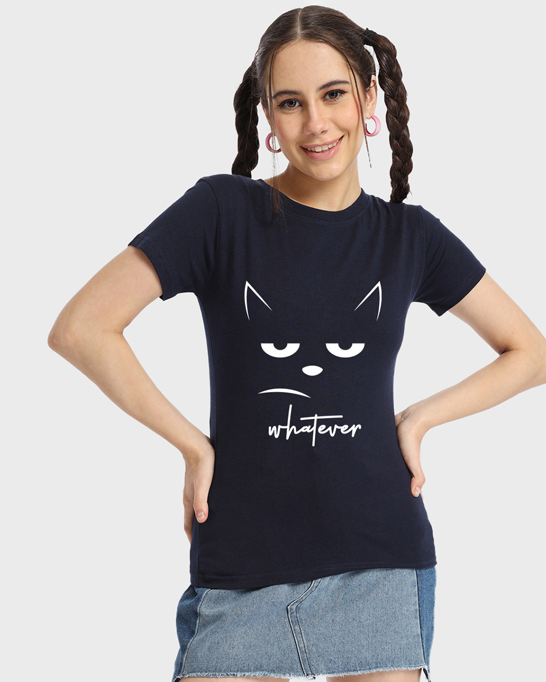 Buy Women's Blue Whatever Cat Graphic Printed T-shirt Online at Bewakoof