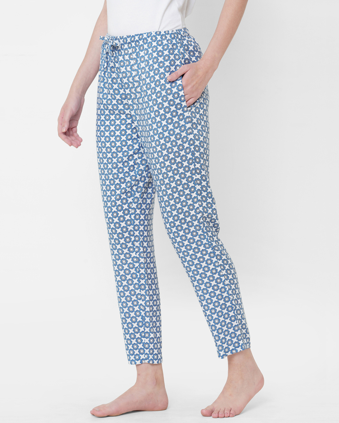 Shop Women's Blue & White All Over Printed Lounge Pants-Back