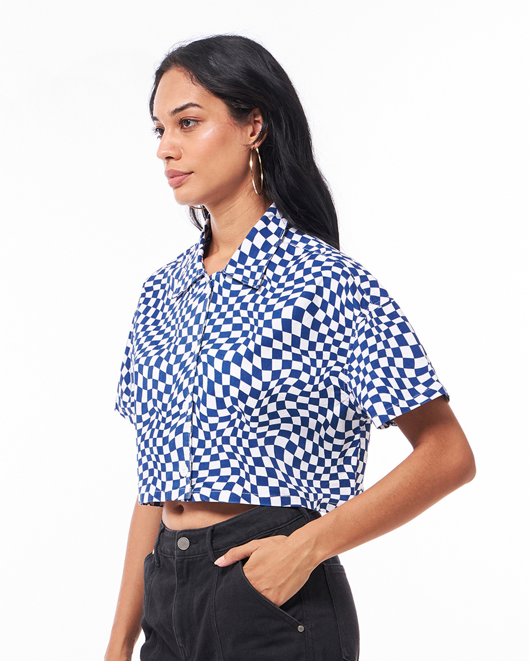 Shop Women's Blue & White All Over Printed Oversized Crop Shirt-Back