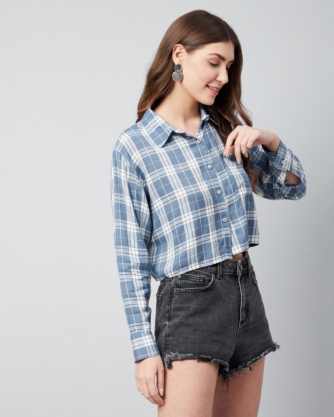Shop Women's Blue & White Checked Boxy Fit Crop Shirt-Back