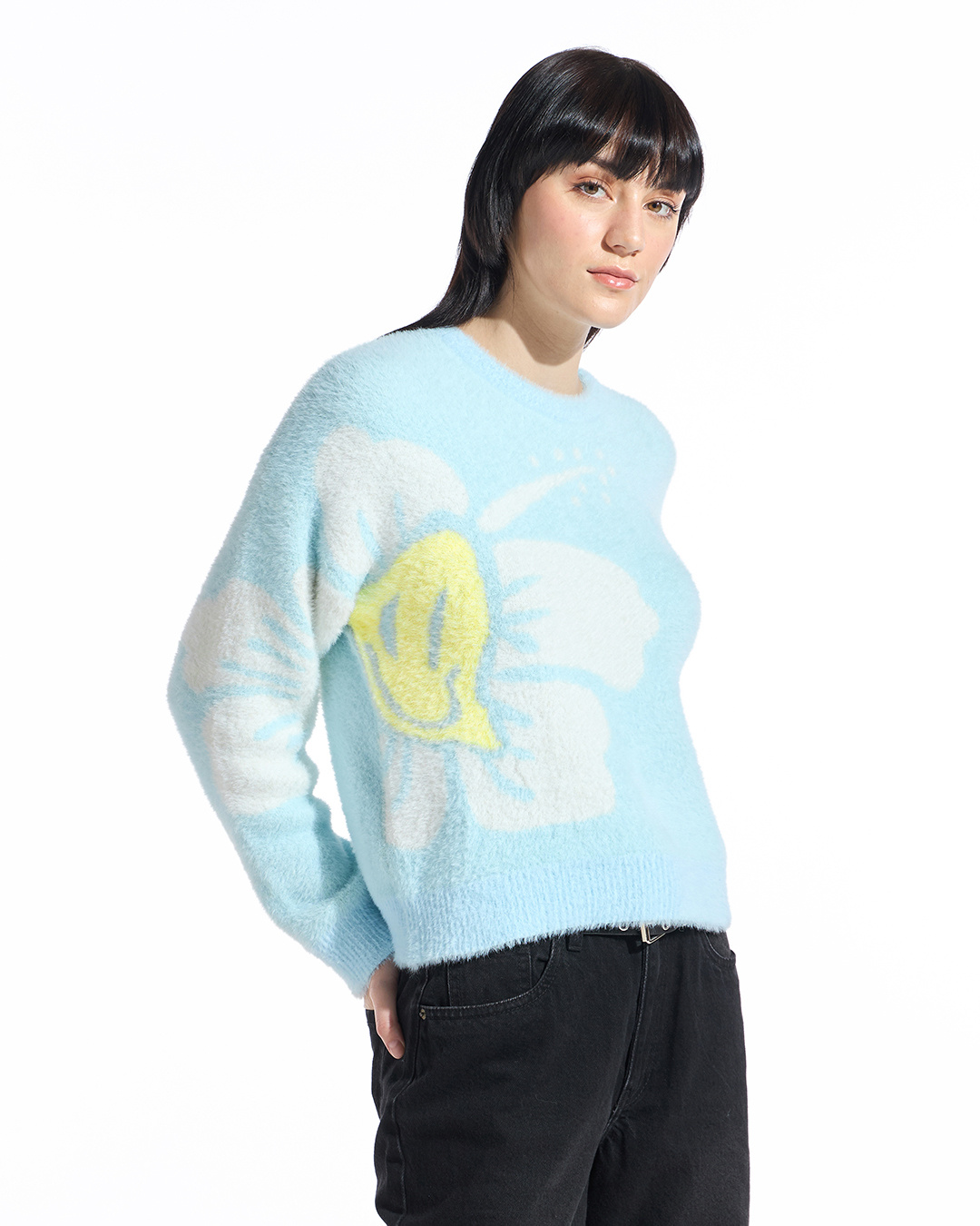 Shop Women's Blue & White Graphic Printed Oversized Sweater-Back