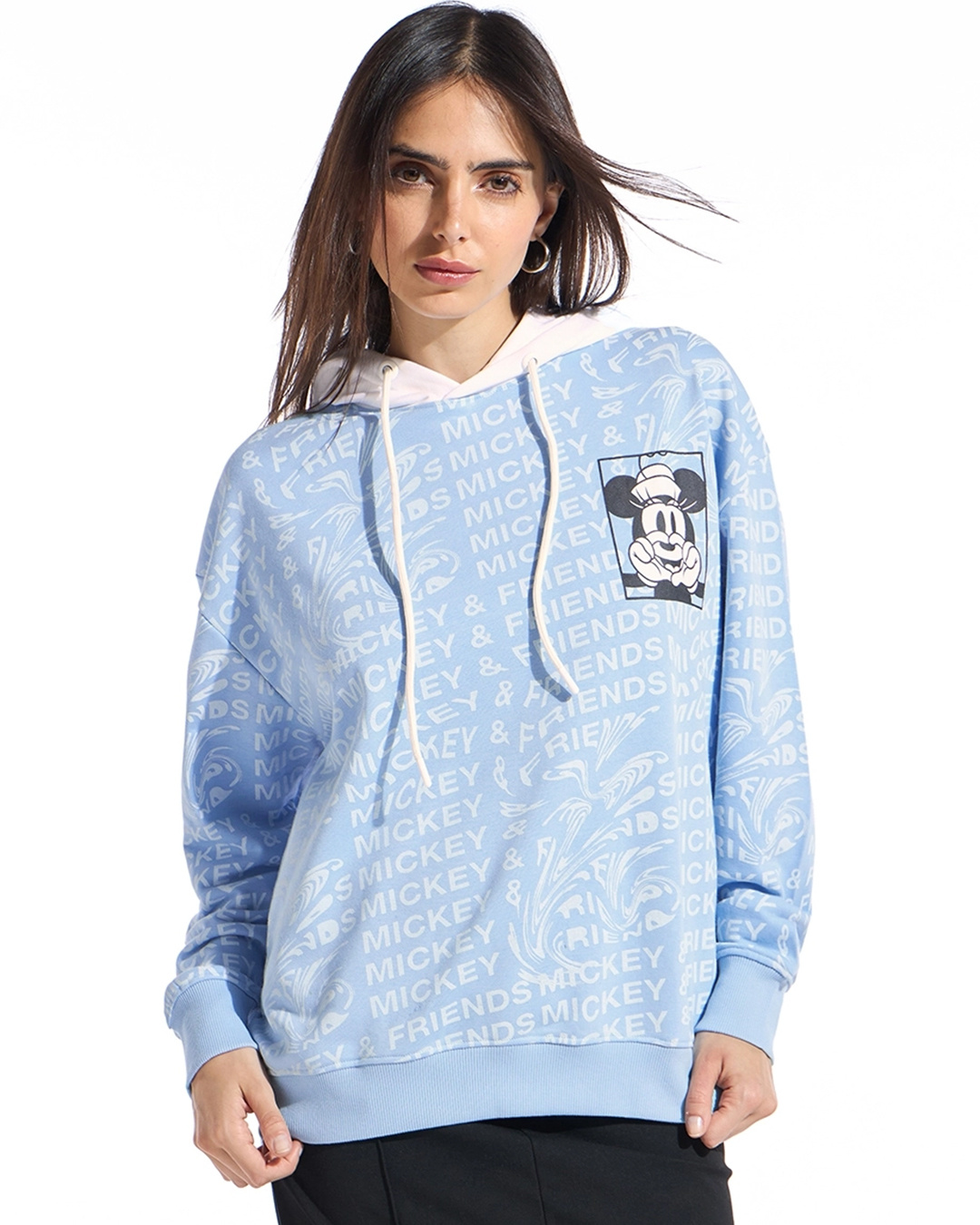 Shop Women's Blue & White Mickey Graphic Printed Oversized Hoodies-Back