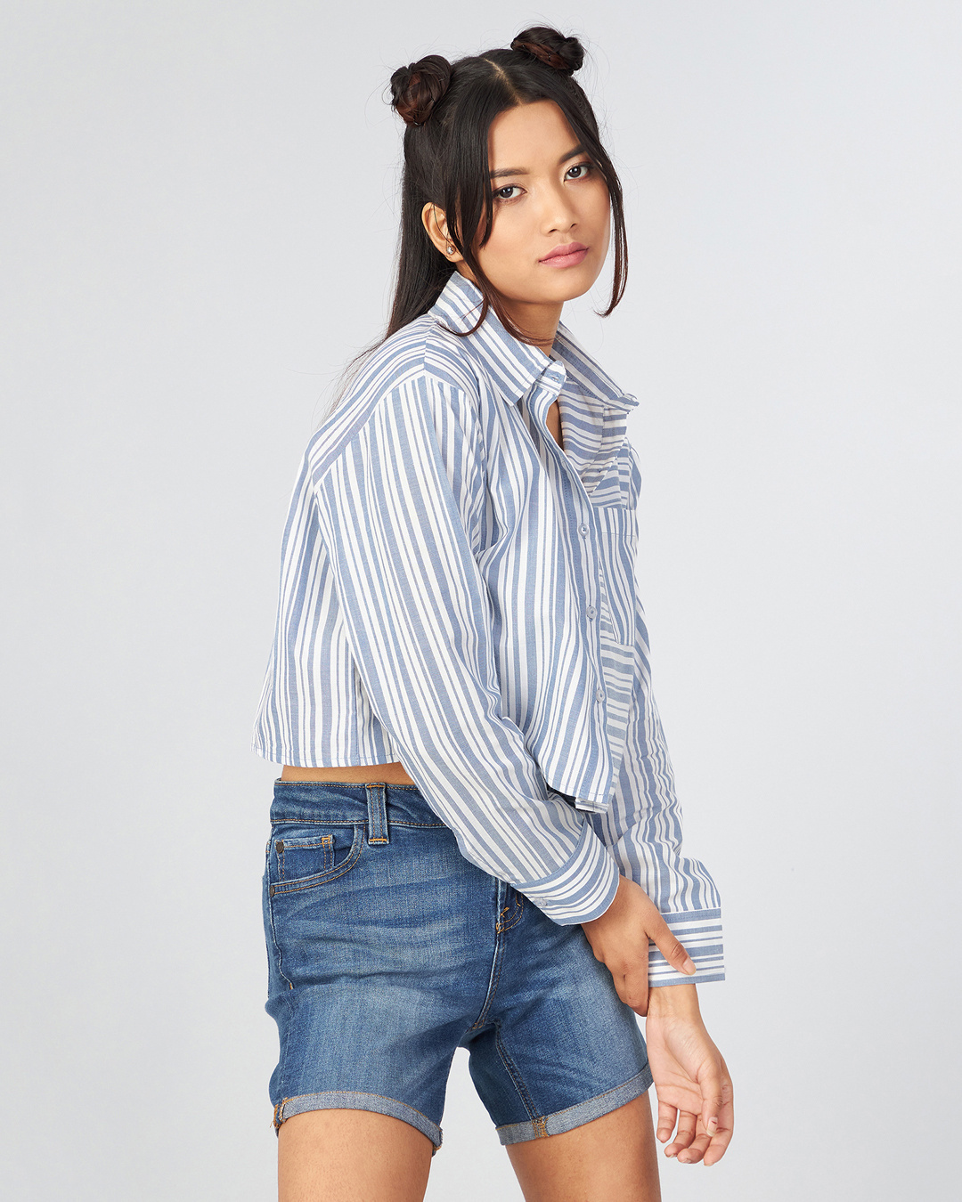 Shop Women's Blue & White Striped Boxy Fit Crop Shirt-Back