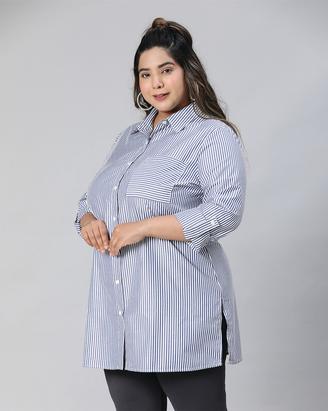 Shop Women's Blue & White Striped Boxy Fit Plus Size Shirt-Back