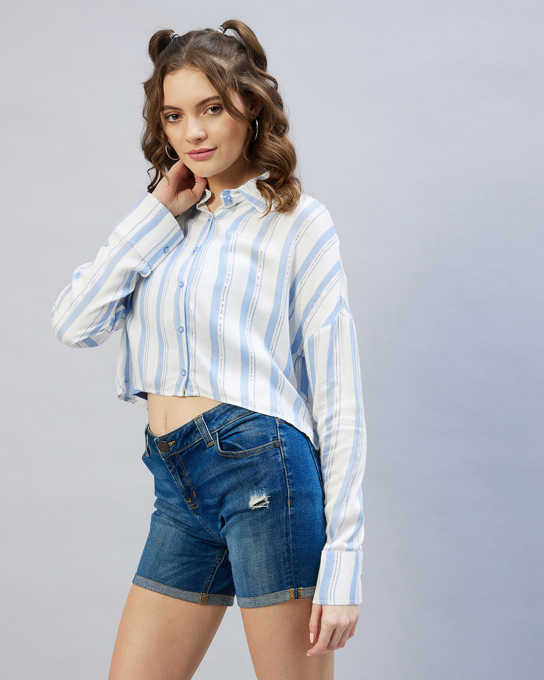 Shop Women's Blue & White Striped Oversized Crop Shirt-Back