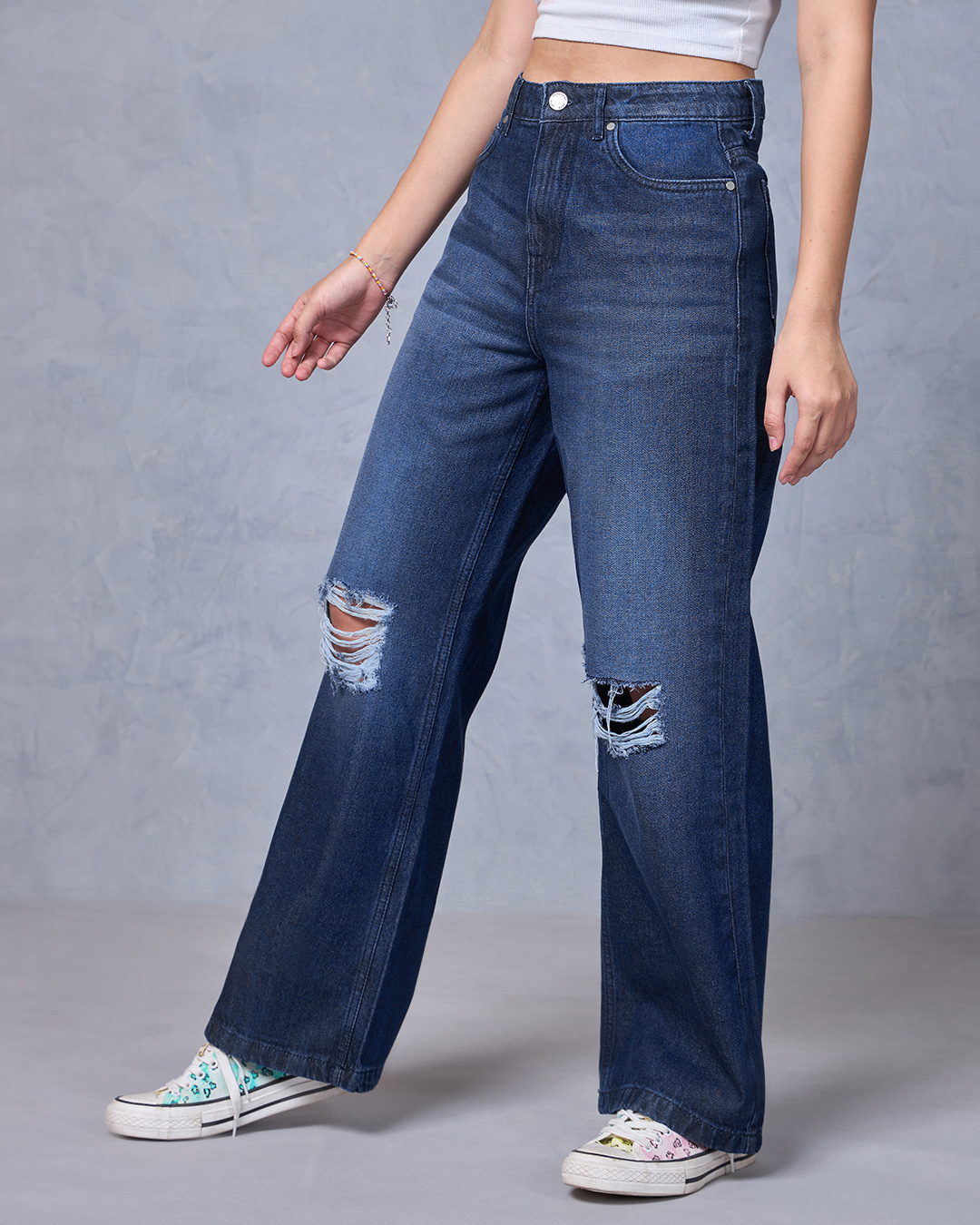 Shop Women's Blue Baggy Distressed Jeans-Back