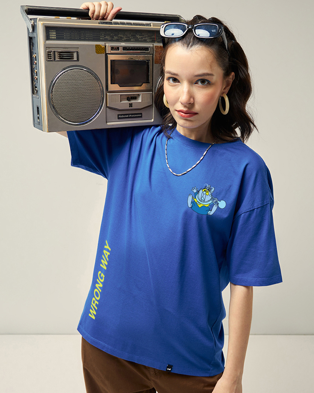 Shop Women's Blue Wrong way Graphic Printed Oversized T-shirt-Back