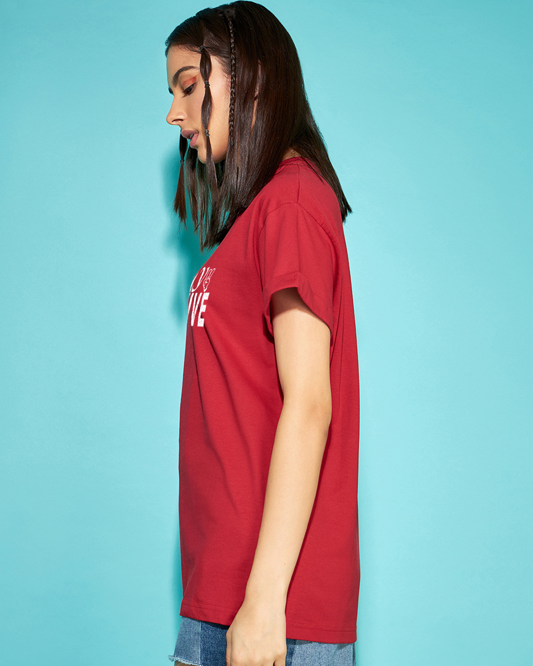 Shop Women's Bold Red Stay Positive Typography Boyfriend T-shirt-Back