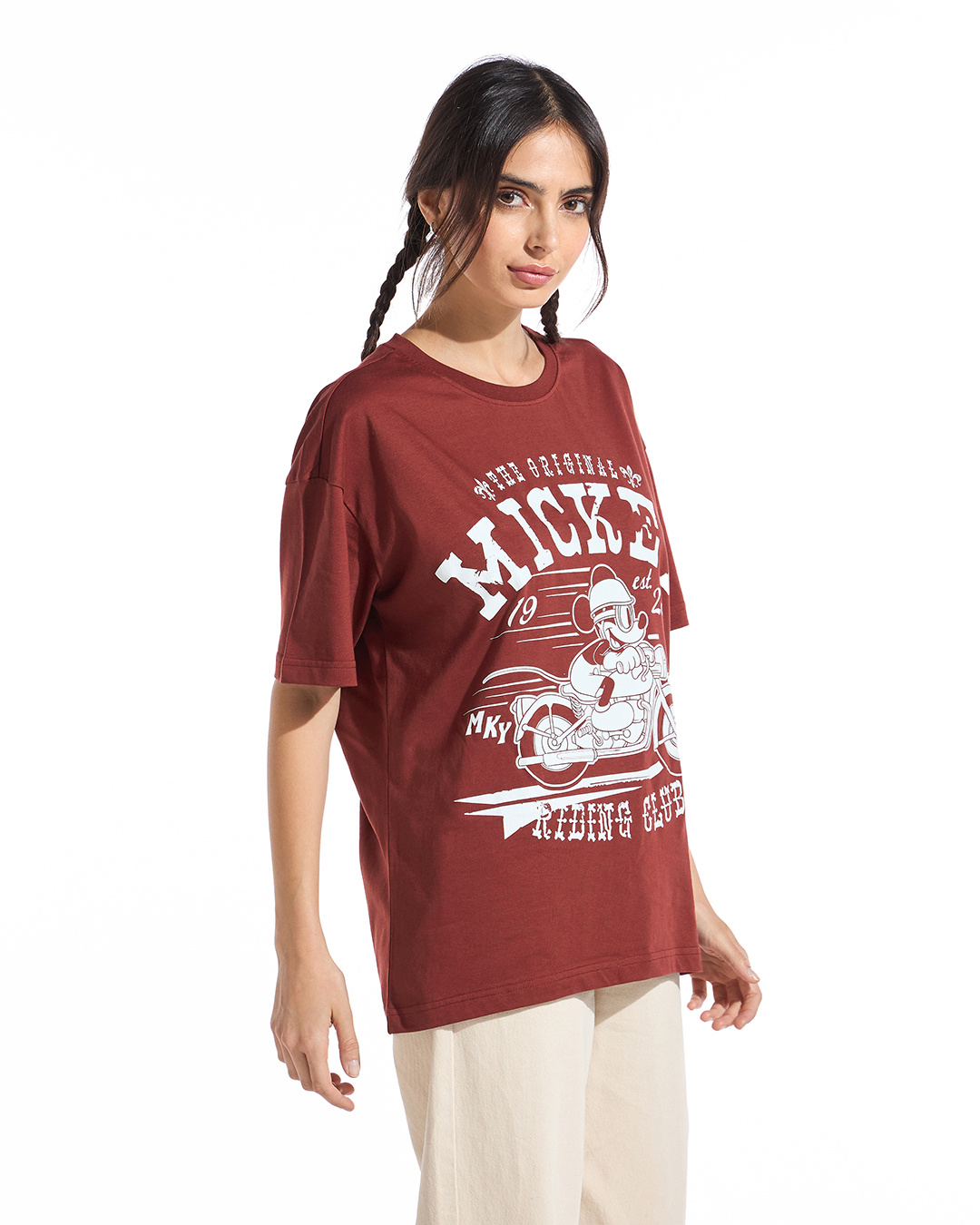 Shop Women's Brick Red Mickey Bike Graphic Printed Oversized T-shirt-Back