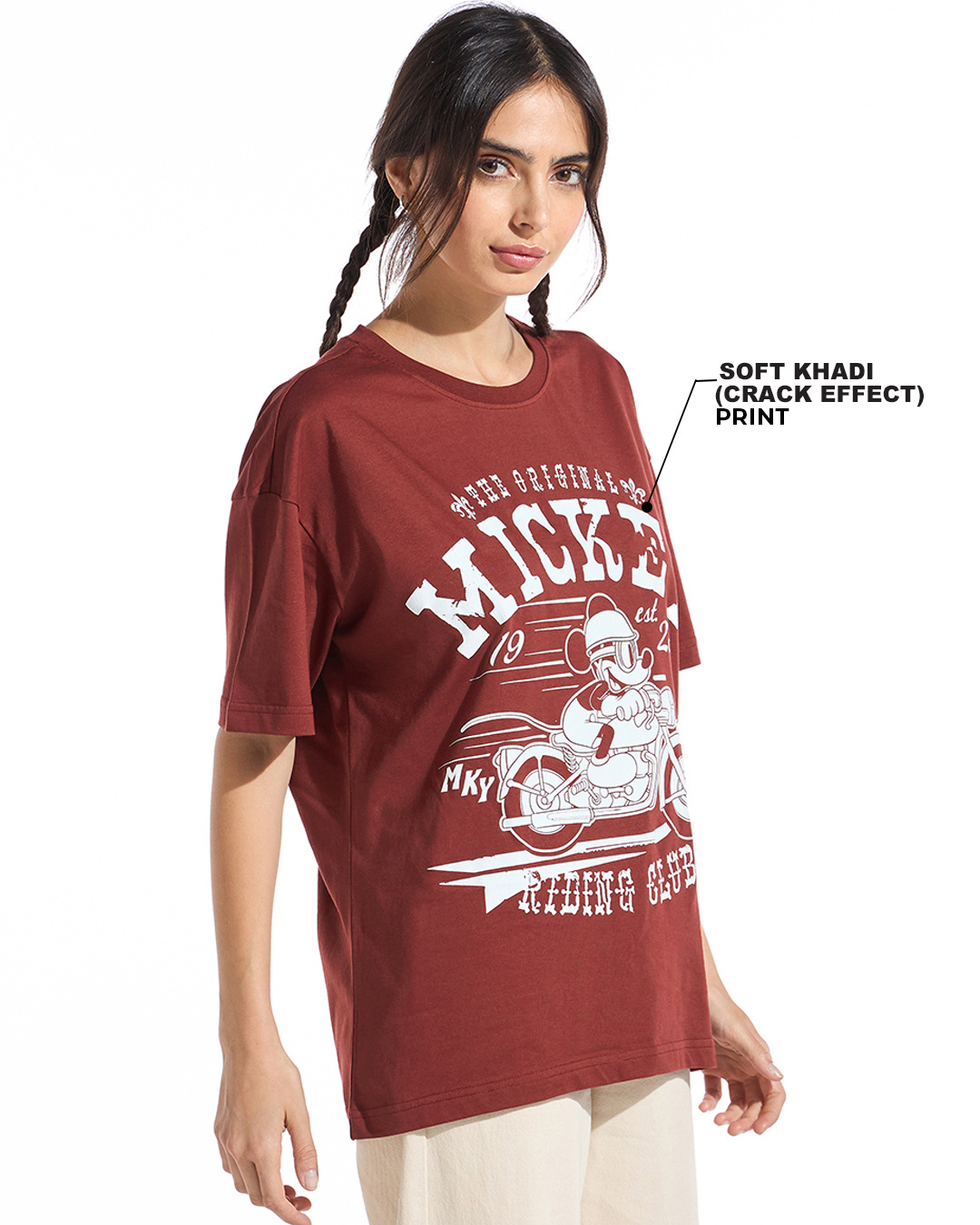 Shop Women's Brick Red Mickey Bike Graphic Printed Oversized T-shirt-Back