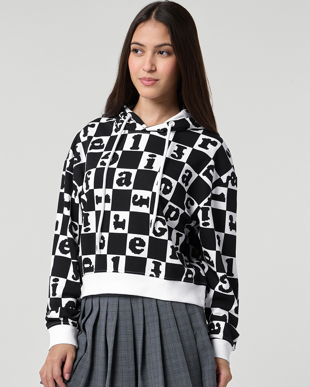 Shop Women's Bright White & Black All Over Printed Oversized Hoodies-Back