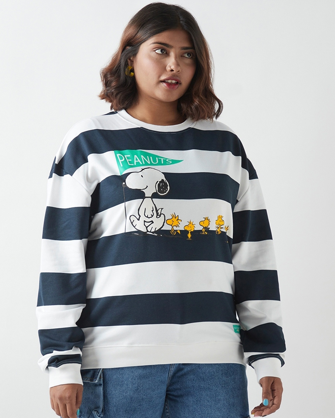 Shop Women's Bright White & Blue Graphic Printed Oversized Plus Size Sweatshirt-Back