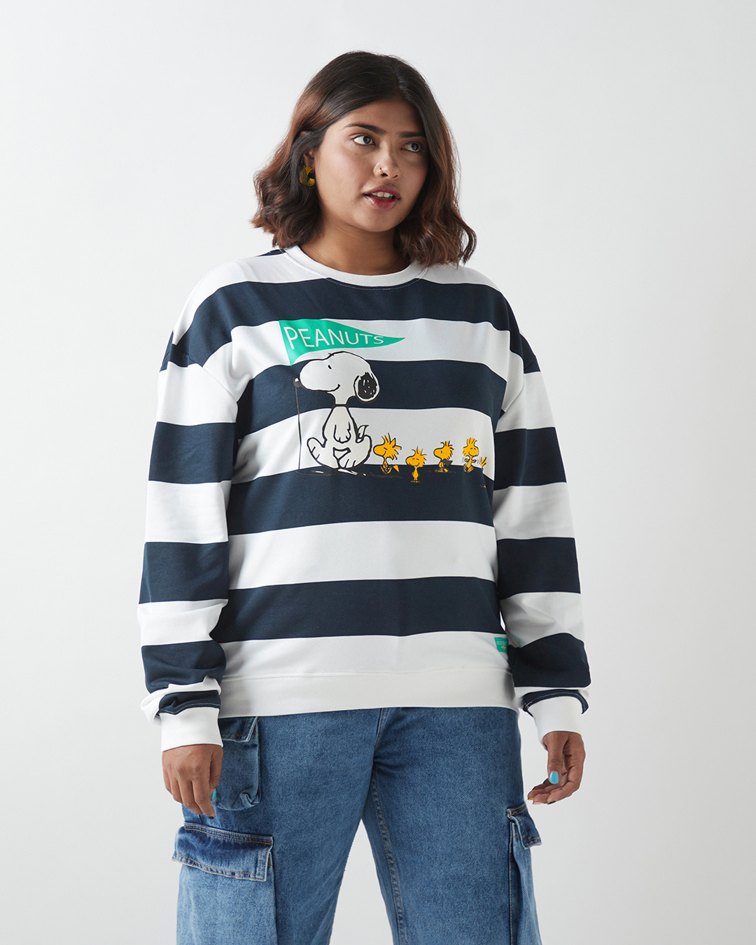 Shop Women's Bright White & Blue Graphic Printed Oversized Plus Size Sweatshirt-Back