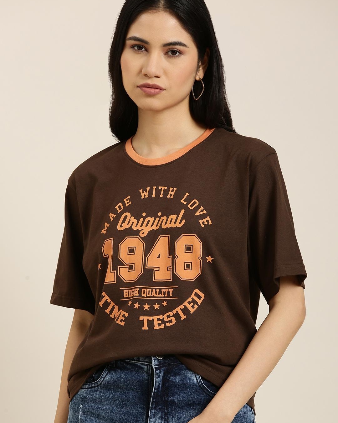 Shop Women's Brown 1948 Typography Oversized T-shirt-Back