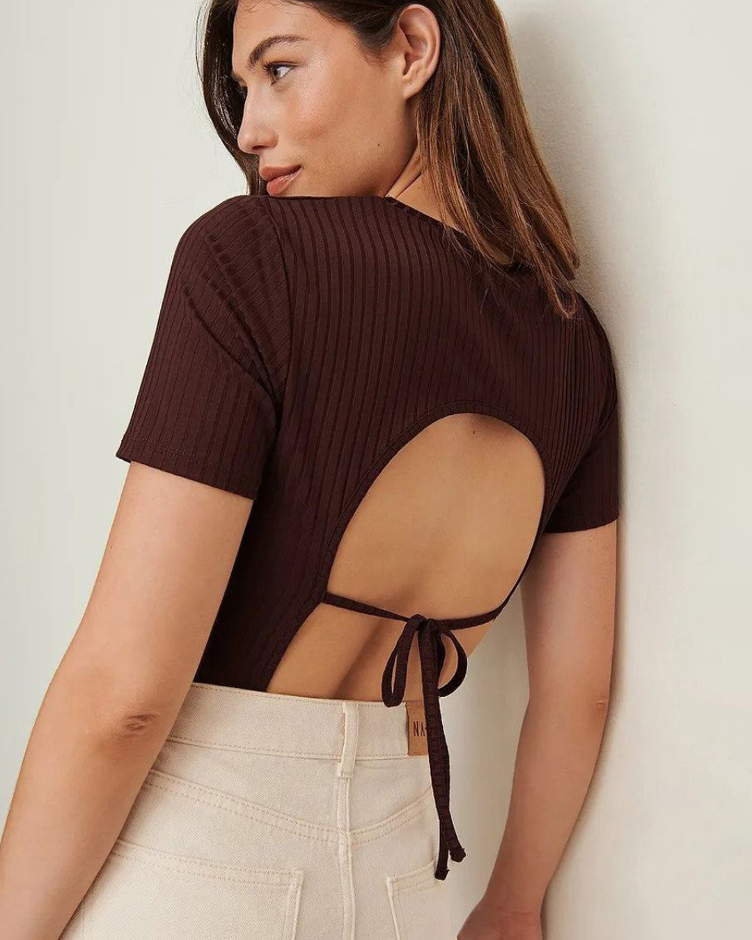 Shop Women's Brown Cutout Back Drawstring Tie Up Crop Top-Back