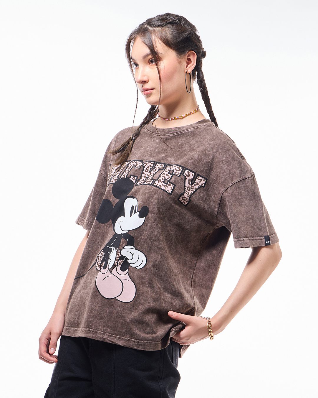 Shop Women's Brown Mickey Graphic Printed Oversized Acid Wash T-shirt-Back