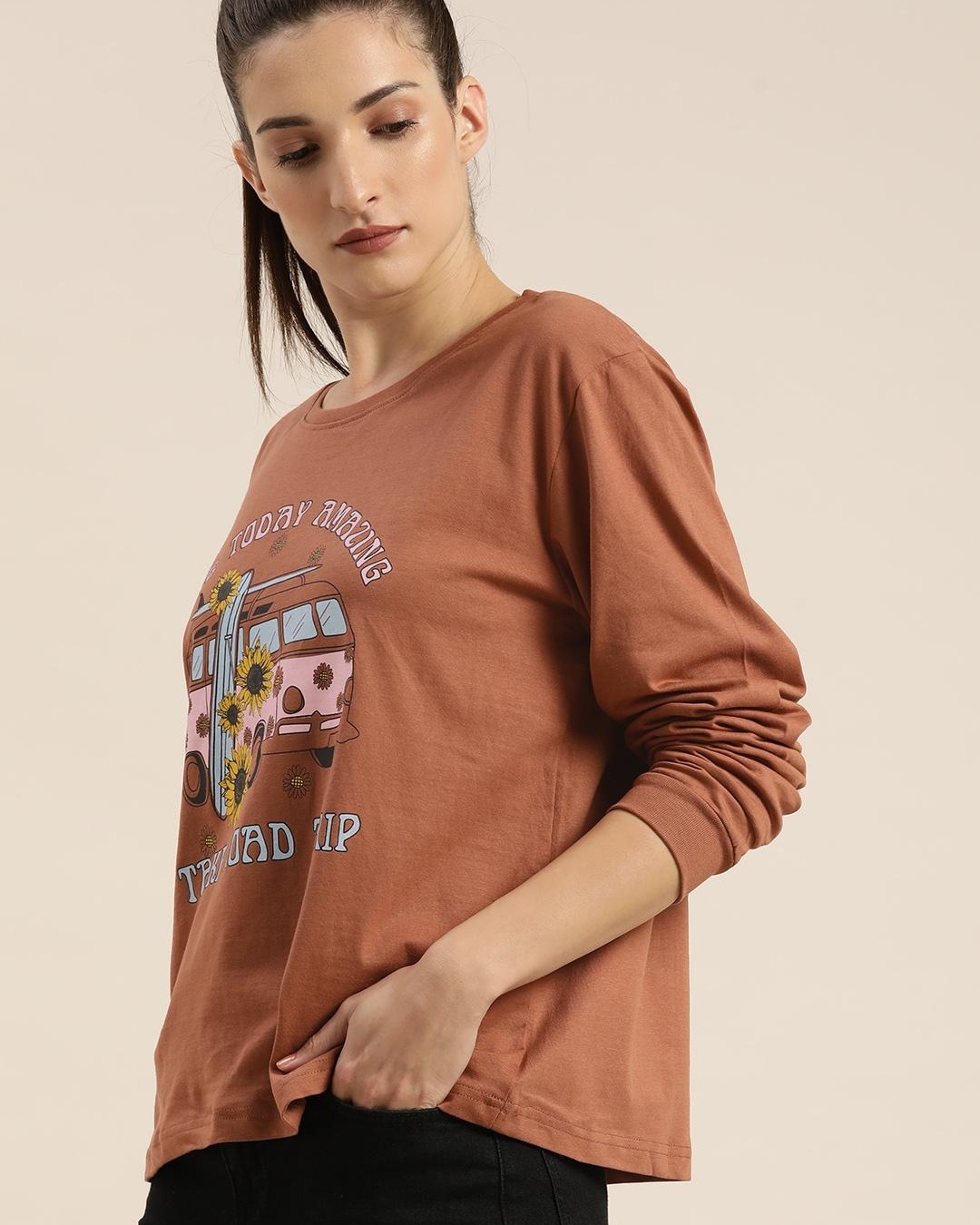 Shop Women's Brown Graphic Printed Relaxed Fit T-shirt-Back