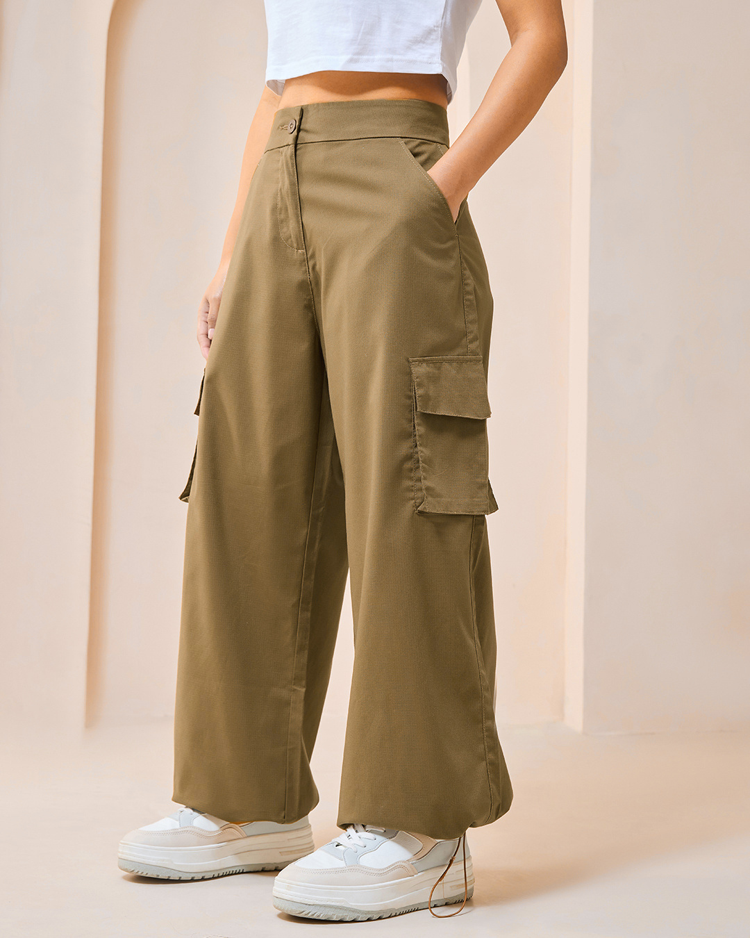 Shop Women's Brown Oversized Cargo Parachute Pants-Back