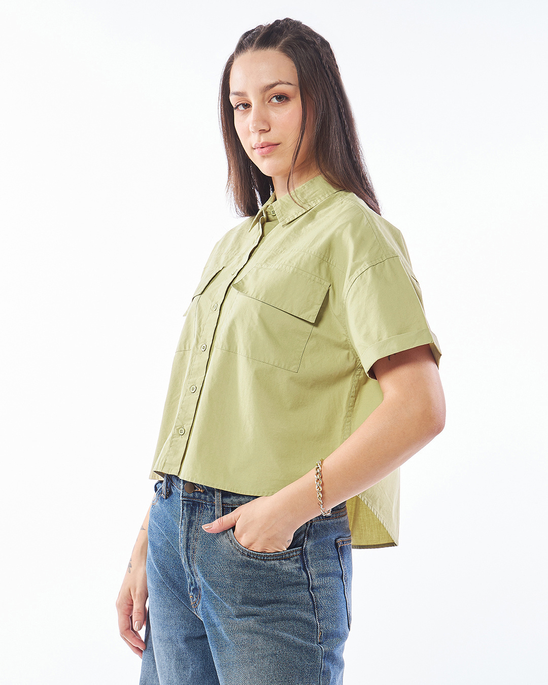 Shop Women's Light Olive Green Oversized Crop Shirt-Back