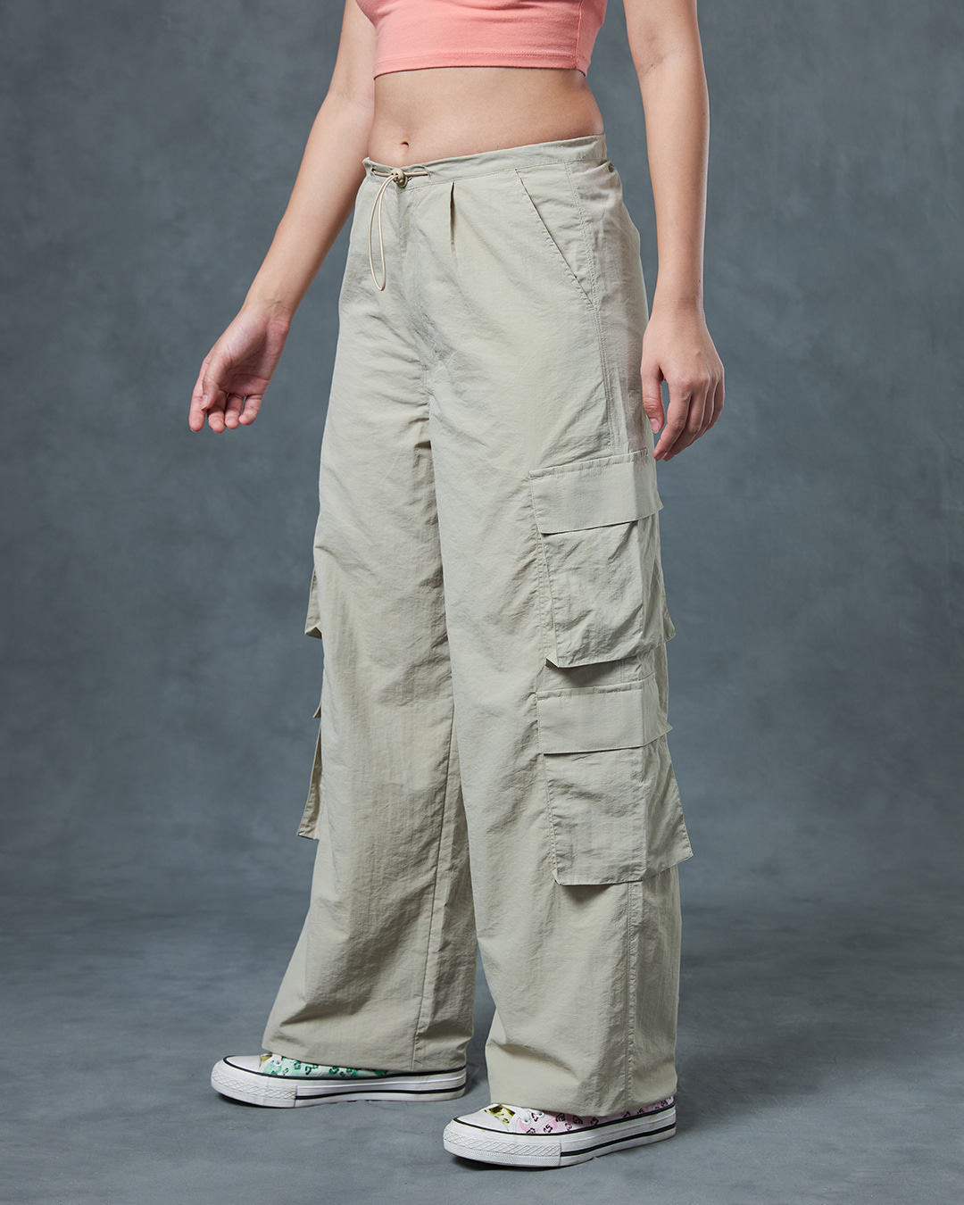 Shop Women's Grey Oversized Cargo Parachute Pants-Back