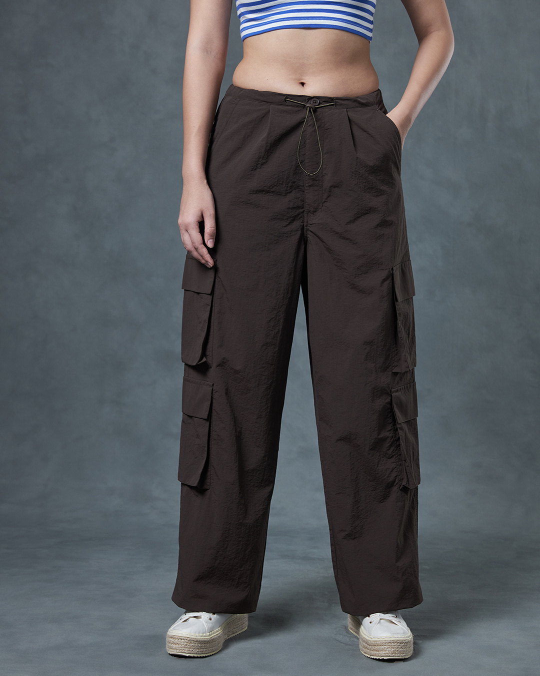 Shop Women's Brown Oversized Cargo Parachute Pants-Back