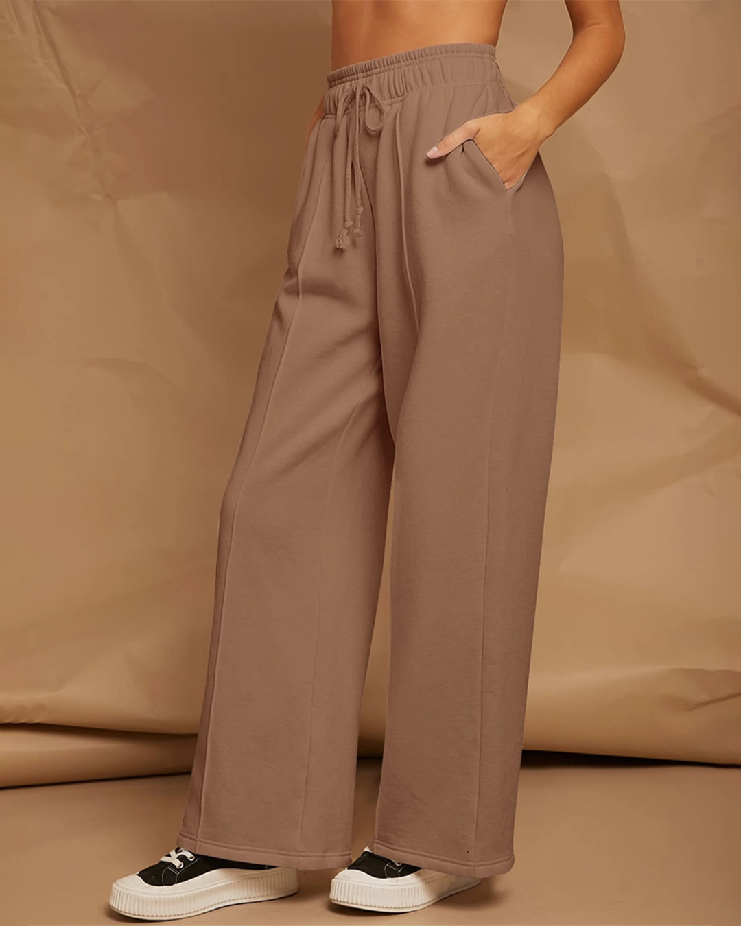 Shop Women's Brown Oversized Pleated Wide Leg Korean Pants-Back