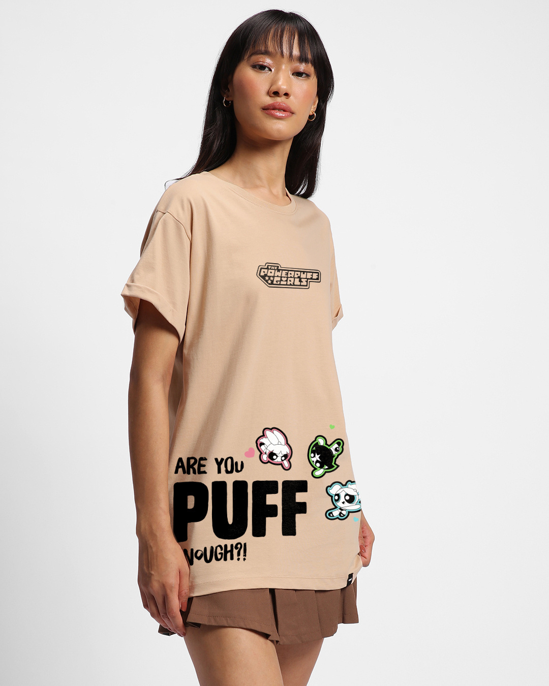 Shop Women's Brown Powerpufff Enough Graphic Printed Boyfriend T-shirt-Back