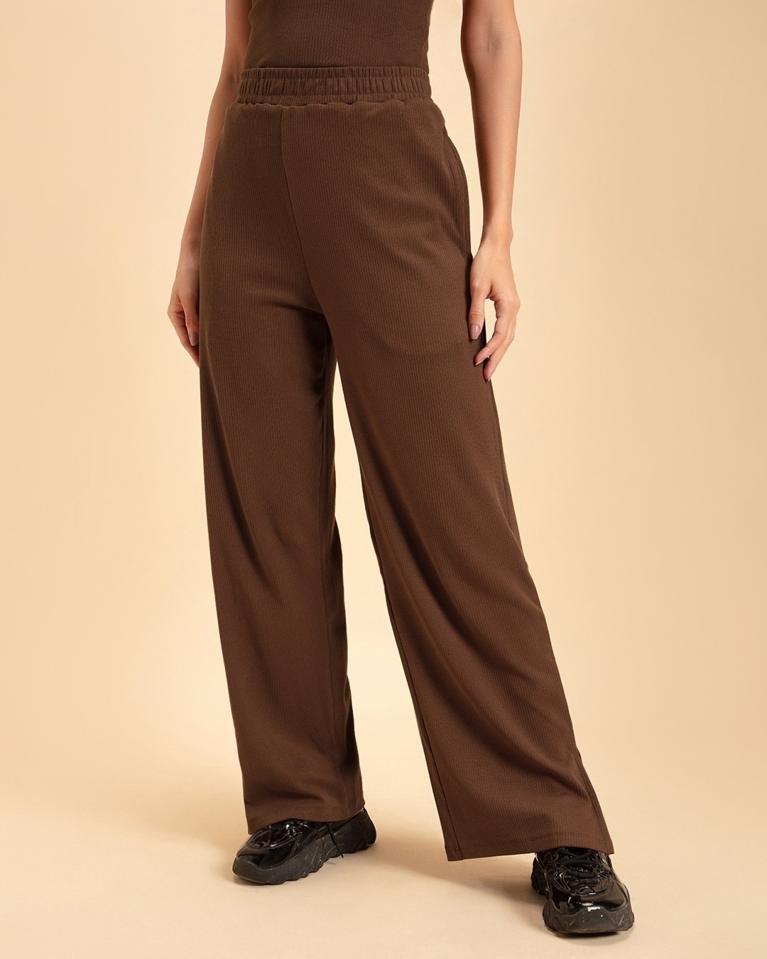 Shop Women's Brown Ribbed Side Slit Pants-Back