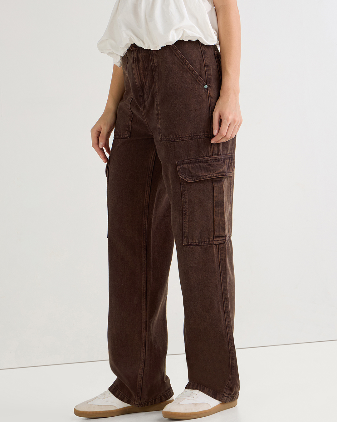 Shop Women's Brown Straight Fit Acid Wash Cargo Jeans-Back