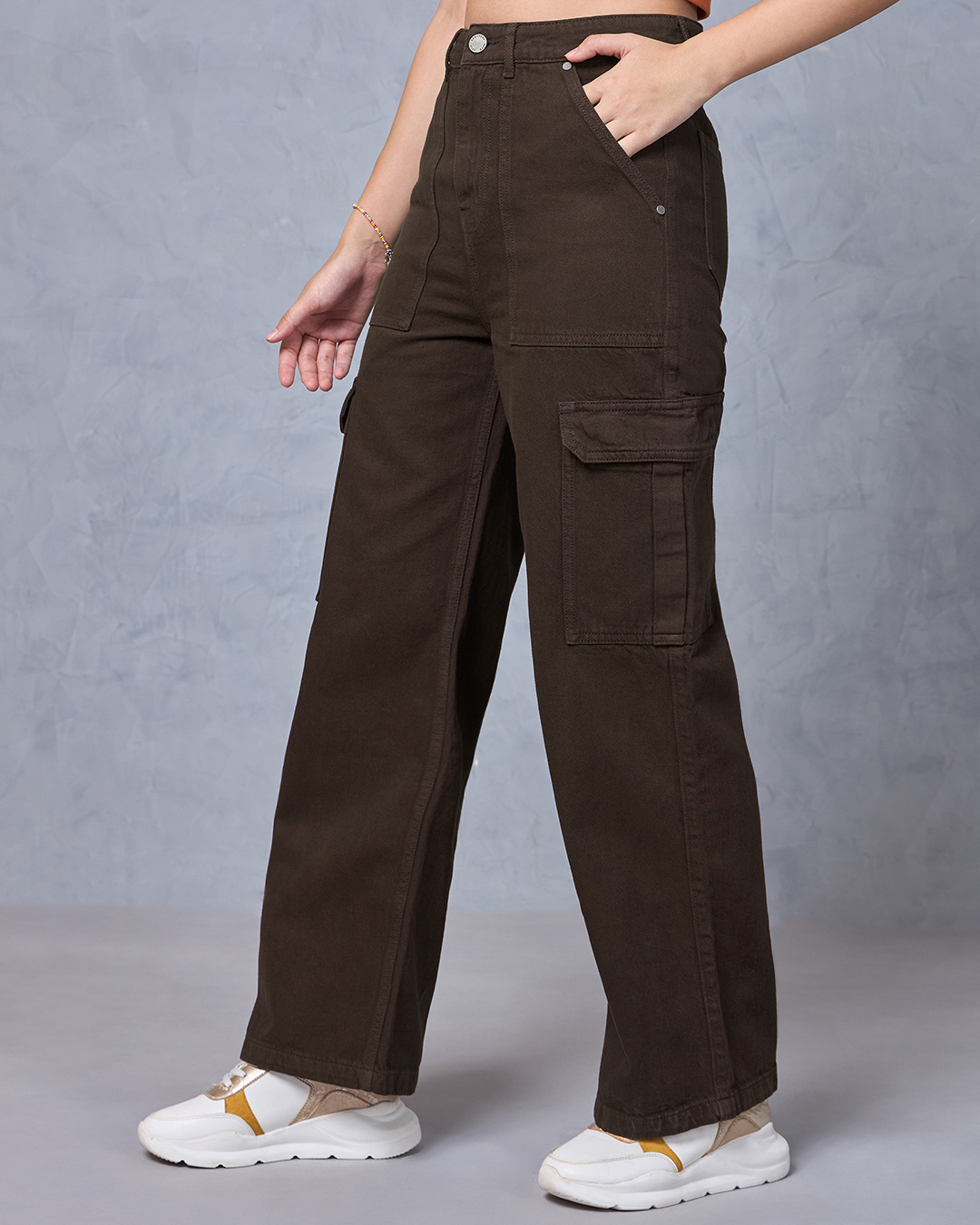 Shop Women's Brown Straight Fit Cargo Jeans-Back