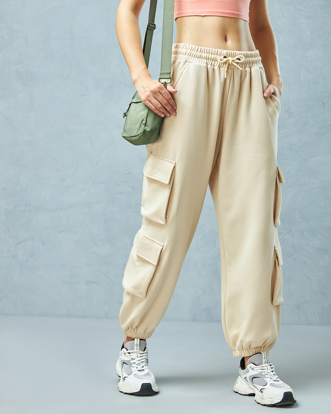 Shop Women's Brown Super Loose Fit Brushed Cargo Joggers-Back