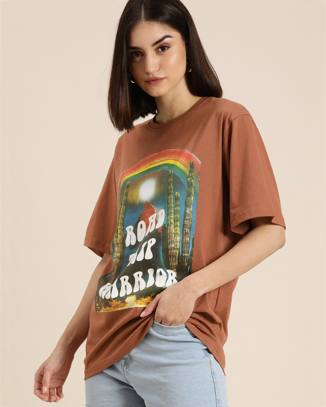 Women's Typography Brown Oversized T-Shirt