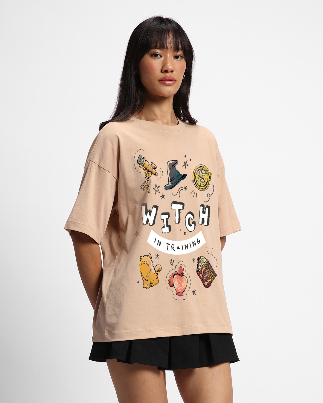 Shop Women's Brown Witch Training Graphic Printed Oversized T-shirt-Back