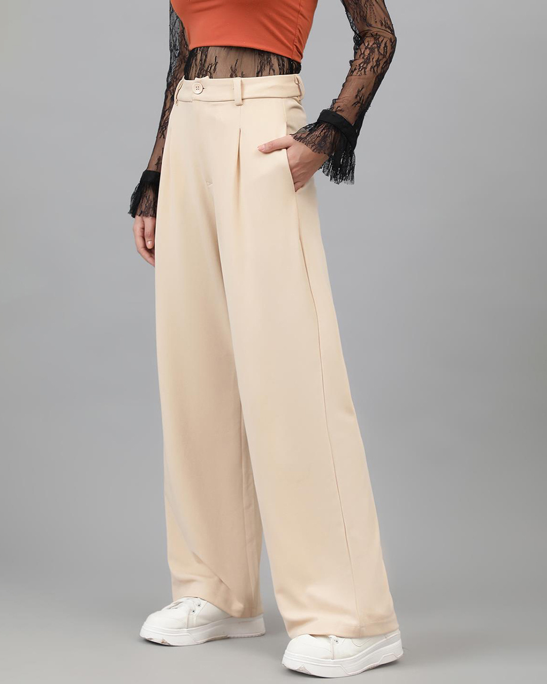 Shop Women's Buttermilk Beige Straight Fit Trousers-Back