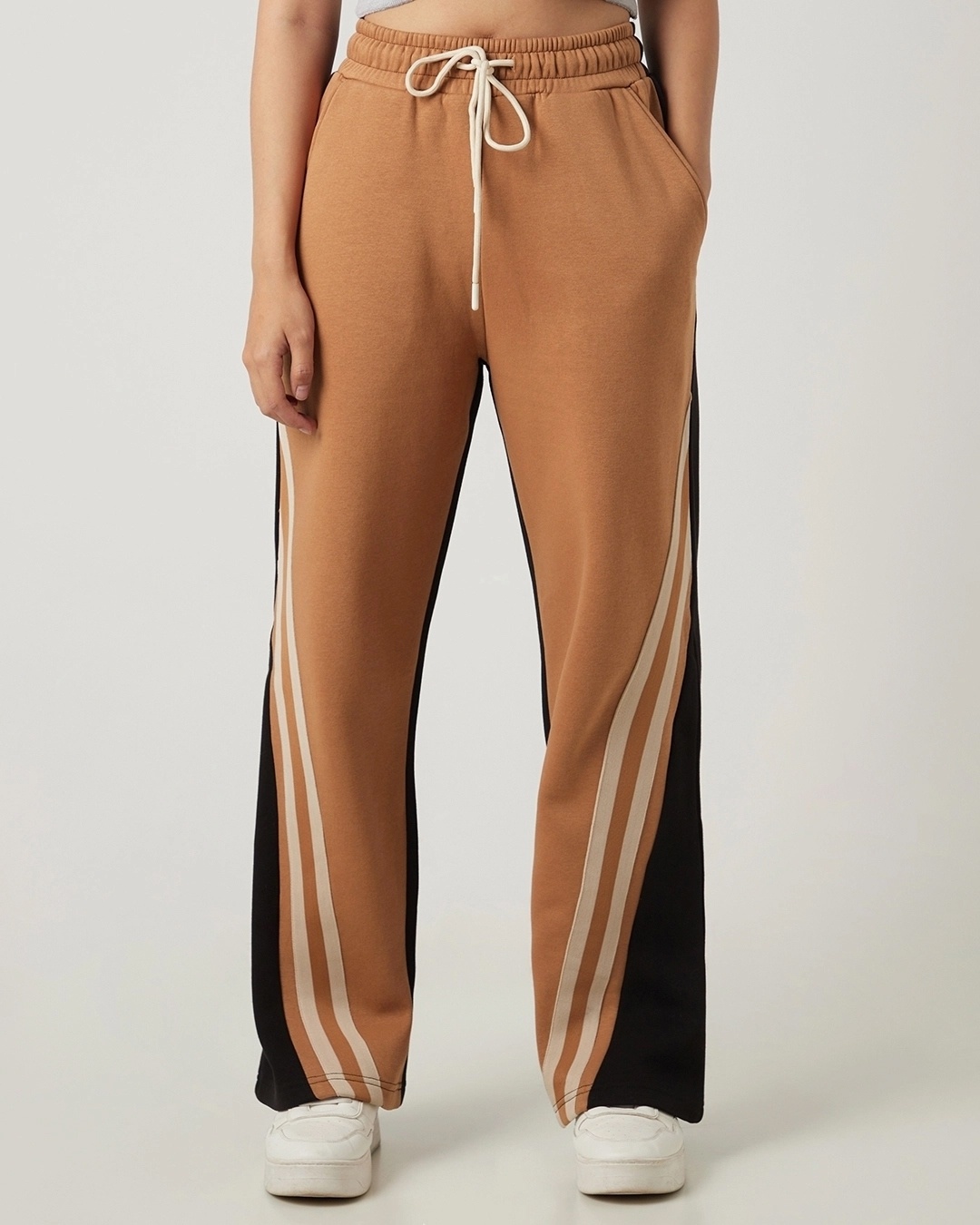 Shop Women's Camel Brown & Black Color Block Wide Leg Track Pants-Back