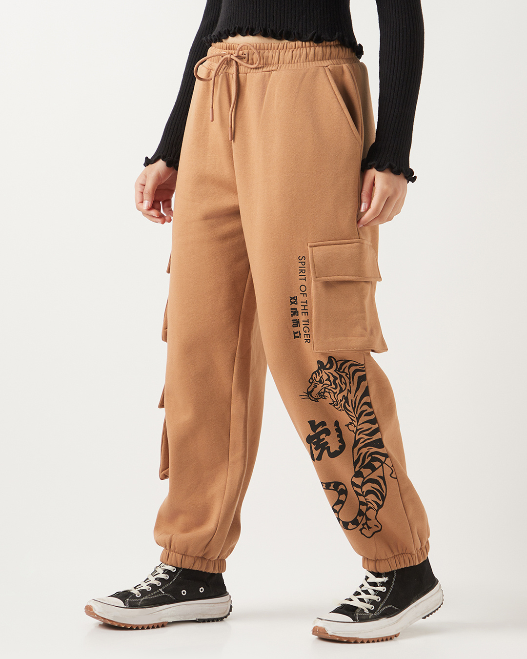 Shop Women's Camel Brown Graphic Printed Super Loose Fit Brushed Cargo Joggers-Back