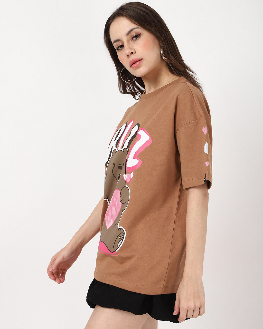 Shop Women's Camel Brown Grizz Love Graphic Printed Oversized T-shirt-Back