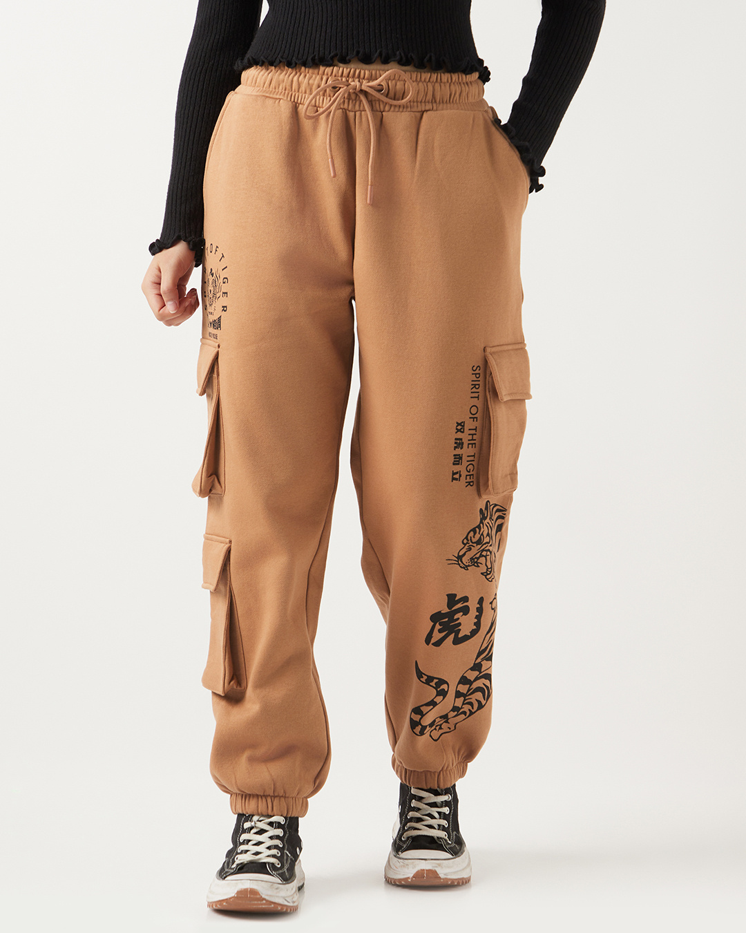 Shop Women's Camel Brown Graphic Printed Super Loose Fit Brushed Cargo Joggers-Back