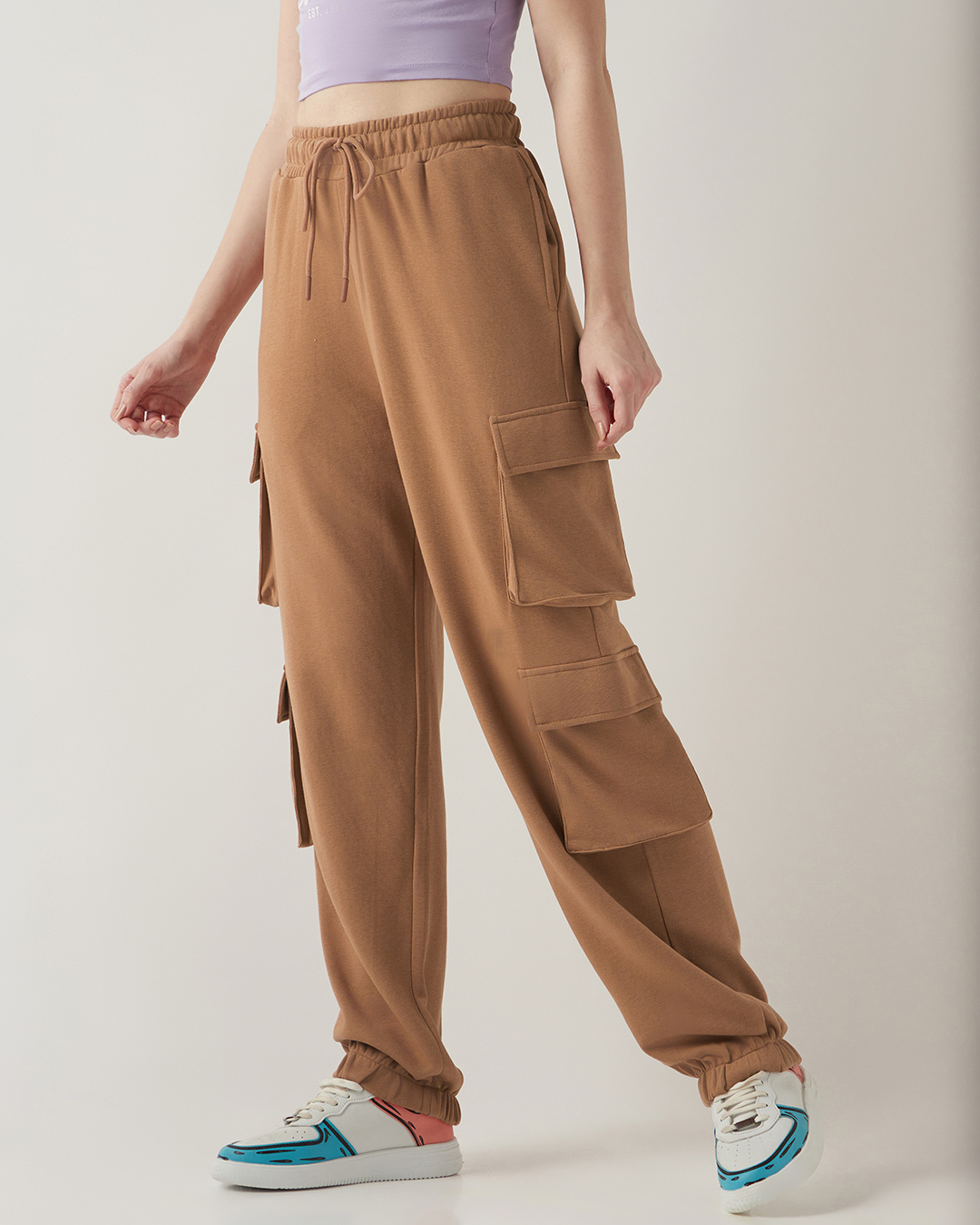 Shop Women's Camel Brown Super Loose Fit Cargo Joggers-Back