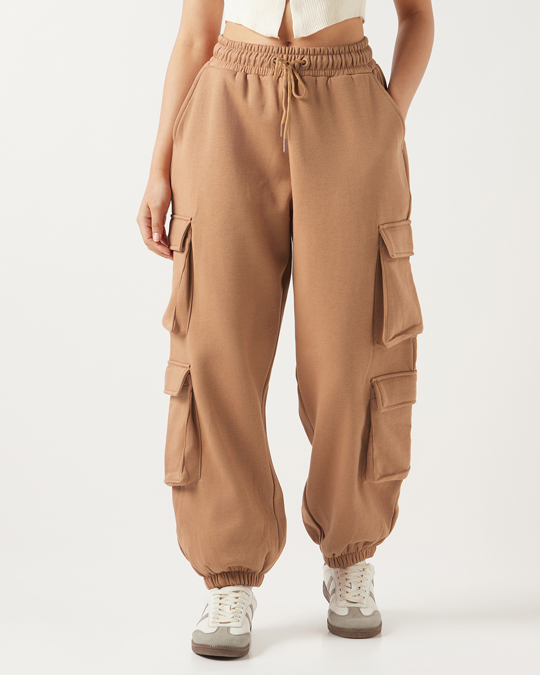 Shop Women's Camel Brown Super Loose Fit Cargo Joggers-Back