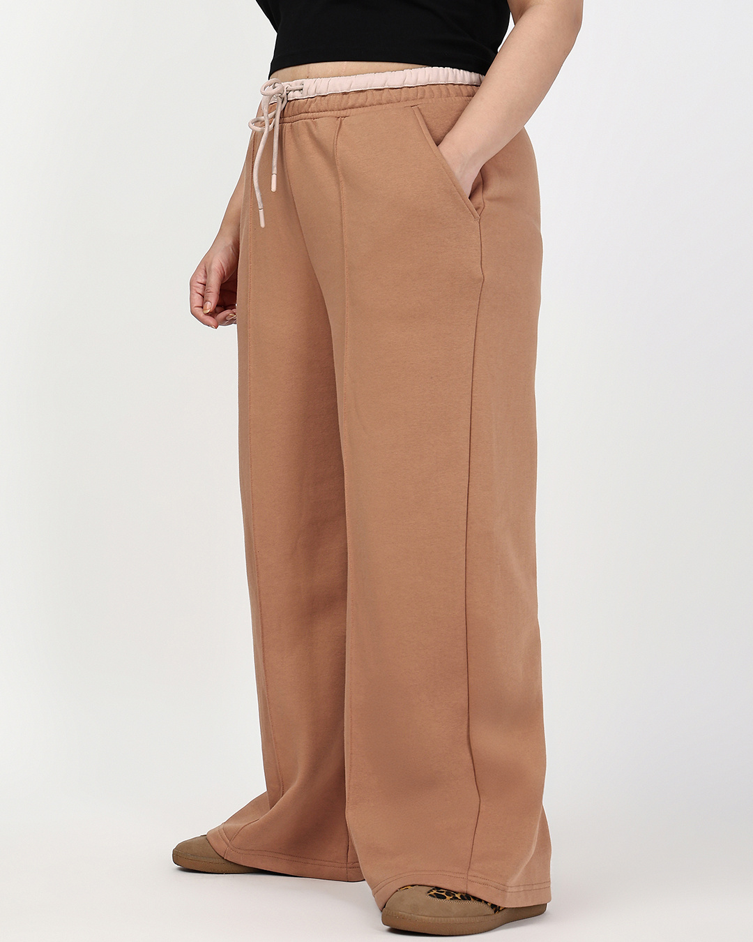 Shop Women's Camel Brown Wide Leg Plus Size Track Pants-Back