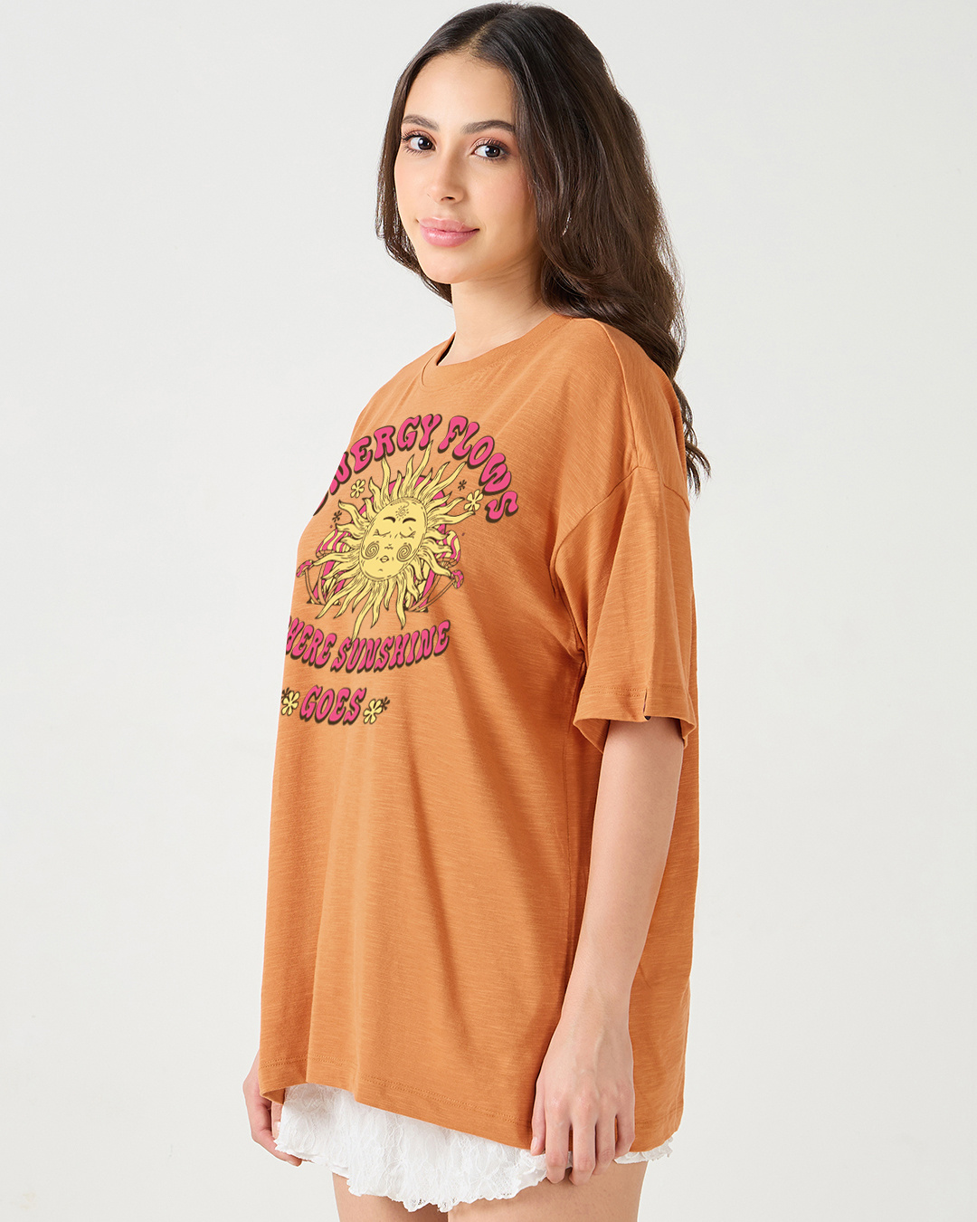 Shop Women's Caramel Orange Energy Flows Graphic Printed Oversized T-shirt-Back