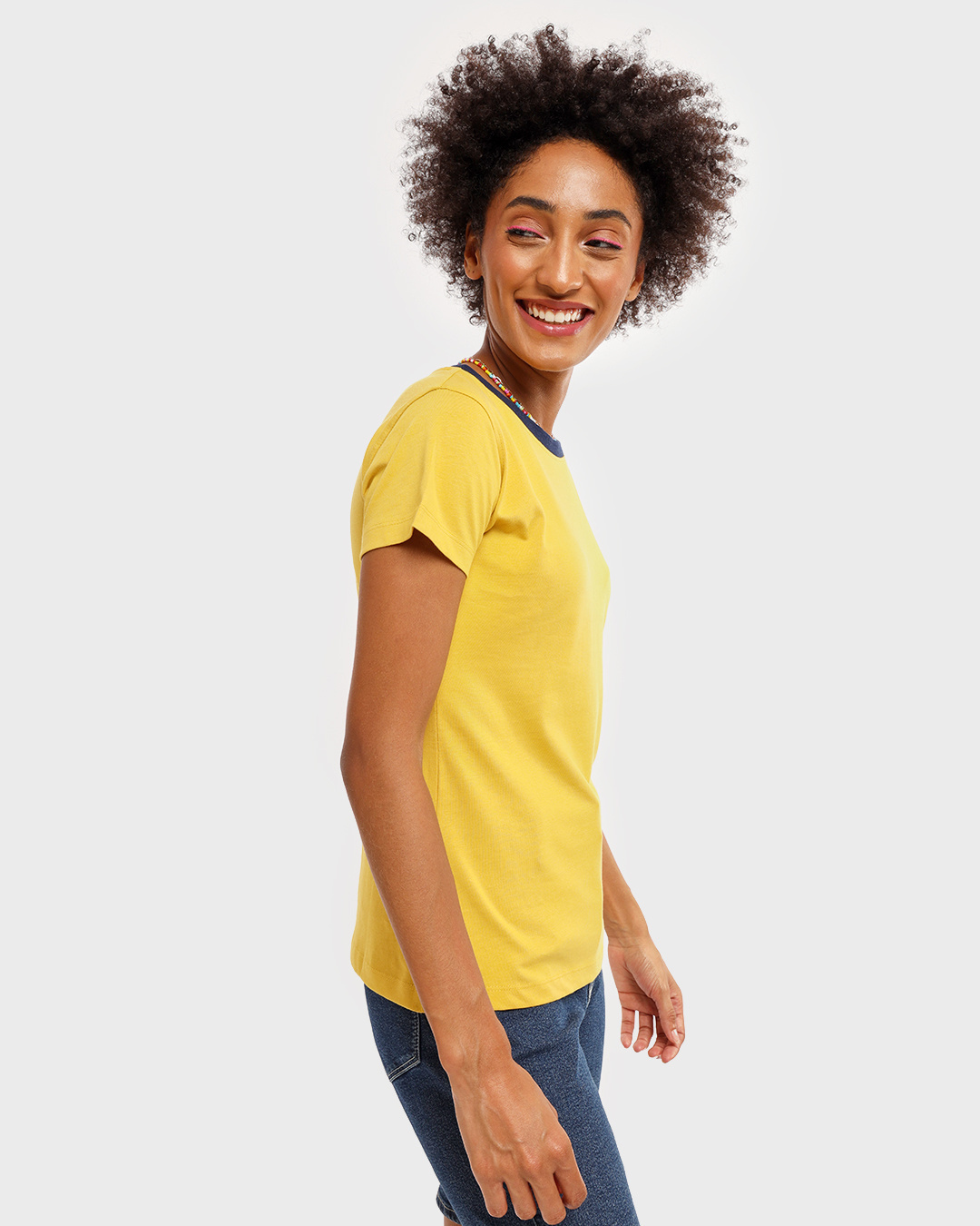 Shop Women's Ceylon Yellow Varsity Half Sleeve Round Neck T-Shirt-Back