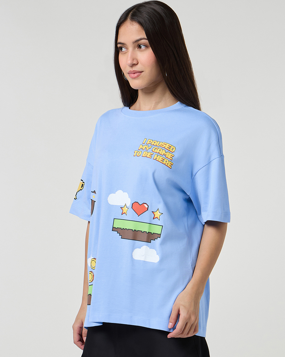 Shop Women's Chambray Blue I Paused My Game Graphic Printed Oversized T-shirt-Back