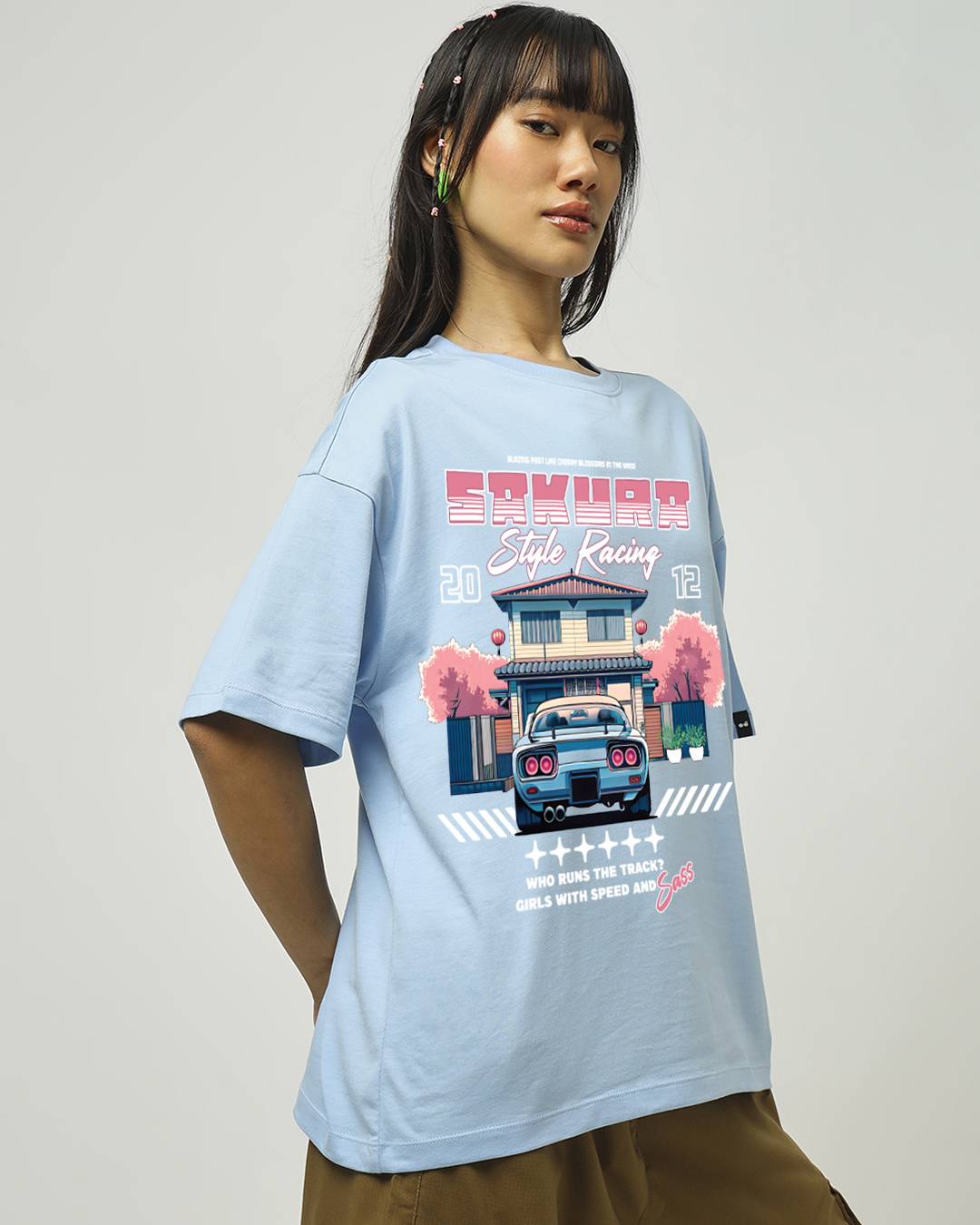 Shop Women's Chambray Blue Sakura Racing Graphic Printed Oversized T-shirt-Back