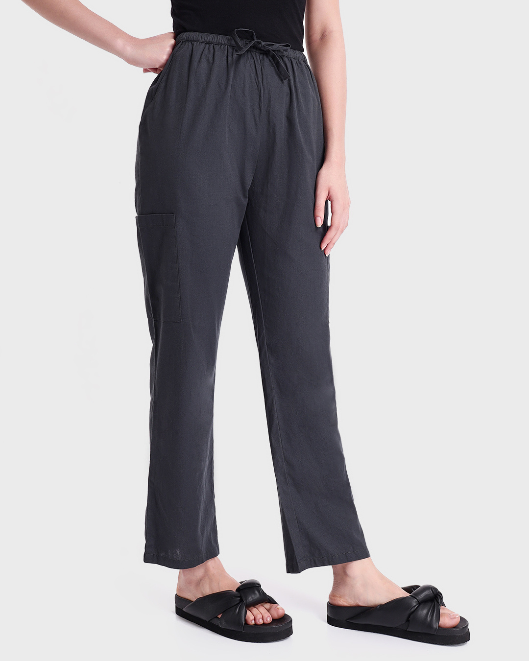 Shop Women's Charcoal Cotton Straight Trousers-Back